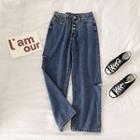 Single-breasted Distressed High-waist Denim Pants