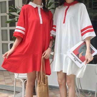 Striped Elbow-sleeve Polo Shirt Dress