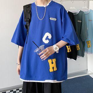 Mock Two-piece Short-sleeve Letter Applique T-shirt
