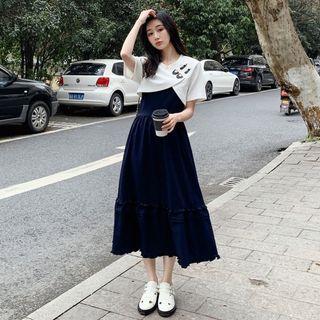 Set: Short-sleeve Asymmetrical Cropped T-shirt + Spaghetti Strap Midi A-line Dress