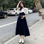 Set: Short-sleeve Asymmetrical Cropped T-shirt + Spaghetti Strap Midi A-line Dress