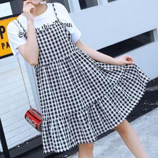 Spaghetti Strap Plaid Dress Plaid - Black & White - One Size