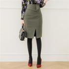 Folded-waist Slit-front Pencil Skirt