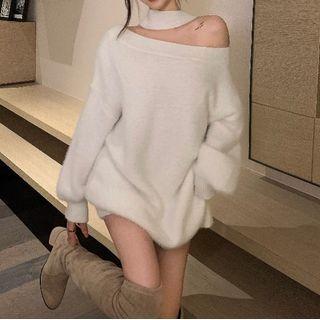 Cutout Off-shoulder Halter Sweater White - One Size