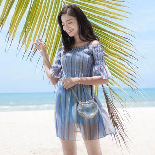 Off-shoulder Short-sleeve Striped Mini A-line Dress