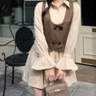Set: Long-sleeve Plain Mini Shirtdress + Double-breasted Vest