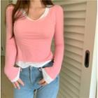Long-sleeve Mock-two Piece T-shirt Pink - One Size