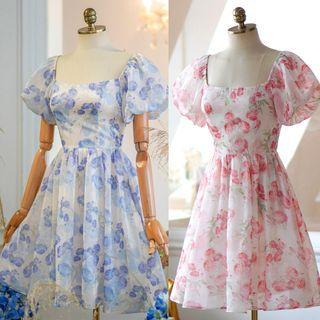 Puff-sleeve Floral Corset Dress