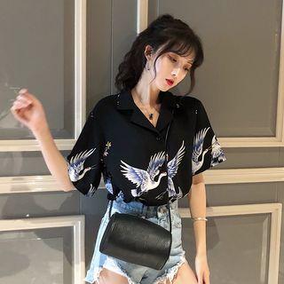 Short-sleeve Crane Print Blouse Navy Blue - Short Sleeve - One Size