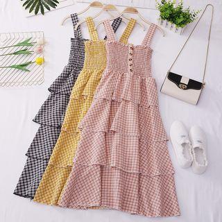 Sleeveless Plaid Tiered Midi Dress