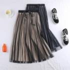 Mesh Overlay Velvet A-line Midi Pleated Skirt