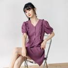 V Neckline Puff-sleeve Chiffon Dress