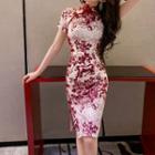 Short-sleeve Print Bodycon Qipao Dress