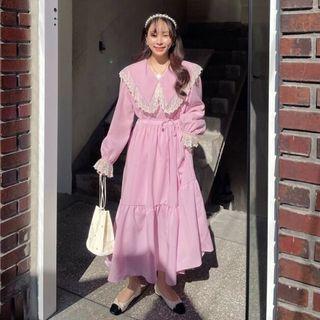 Bell-sleeve Collared Lace Trim Loose Fit Dress