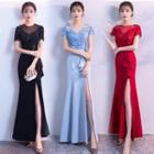 Short-sleeve Floral Applique Maxi Mermaid Dress