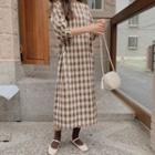 Long-sleeve Plaid Drawstring-waist Midi A-line Dress