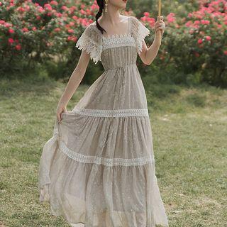 Lace Trim Short-sleeve Maxi Chiffon Dress