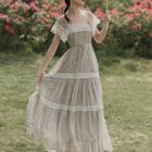 Lace Trim Short-sleeve Maxi Chiffon Dress