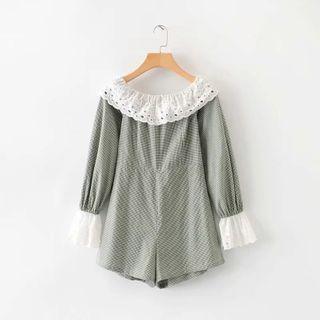 Lace Panel Plaid Long-sleeve Playsuit