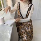 Plain Turtle-neck Long-sleeve Top / Floral Print Sleeveless Dress