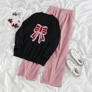 Bow Jacquard Sweater / Corduroy Straight-cut Pants