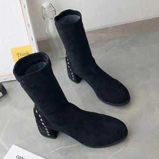 Studded Faux Suede Block Heel Mid-calf Boots