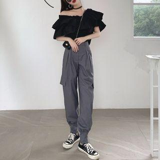 Off-shoulder Ruffle Blouse / Cargo Pants