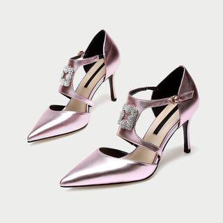 Genuine Leather Rhinestone High-heel Pumps