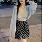 Cropped Sweatshirt / Checkered Mini Pencil Skirt / Set
