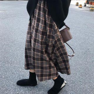Plaid Midi A-line Skirt Coffee - One Size