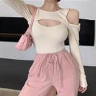 Knitted Plain Off-shoulder T-shirt