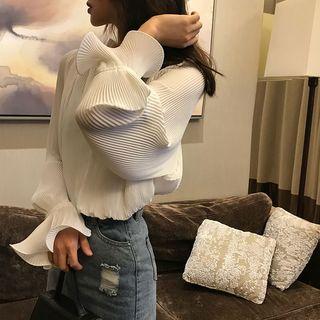 Shirred Long-sleeve Chiffon Blouse