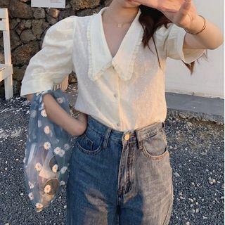 Puff-sleeve Frill Trim Collar Blouse White - One Size