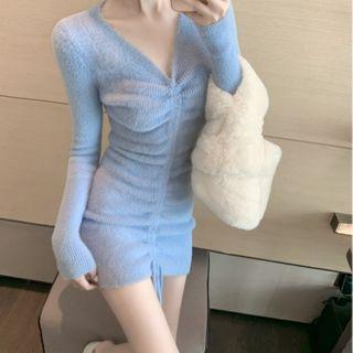Long-sleeve Knit Drawstring Mini Bodycon Dress