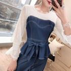Set: Denim Panel Blouse + Wide-leg Jeans