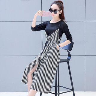 Set: Long-sleeve T-shirt + Striped Spaghetti Strap Drawstring Dress