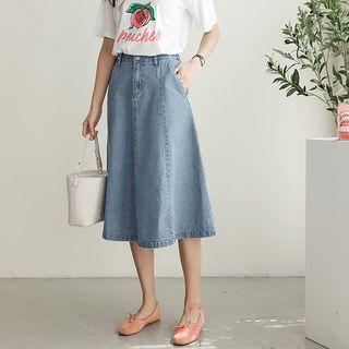 Band-waist Flared Denim Skirt