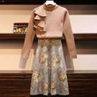 Set: Ruffle Trim Sweater + Floral Print A-line Skirt
