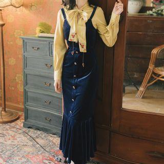 Tie-neck Blouse / Velvet Pinafore Dress