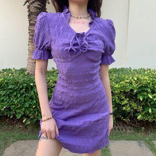 Plain Frilled Puff-sleeve A-line Dress