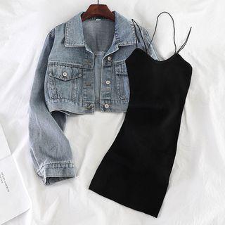Set: Cropped Denim Jacket + Spaghetti Strap Dress