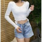 Drawstring Ribbed Crop Knit Top White - One Size