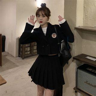 Set: Cropped Logo Embroidered Double-breasted Blazer + Pleated Mini A-line Skirt