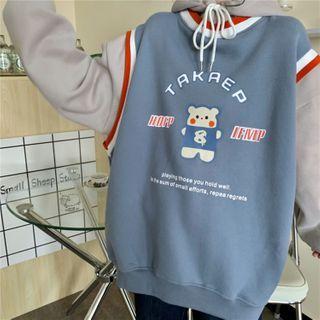 Bear Printed Color Block Fleece-lined Hoodie