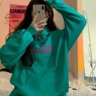 Lettering Embroidered Hooded Sweatshirt Green - One Size