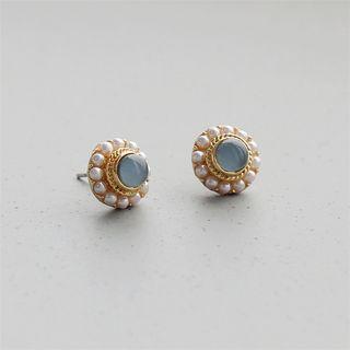 Retro Faux Pearl Cat Eye Stone Earring Faux Pearl - Grayish Blue - One Size