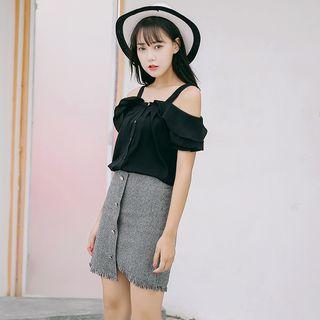 Set: Buttoned Off-shoulder Short-sleeve Blouse + Buttoned Asymmetric Mini Skirt