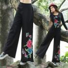 Flower Embroidered Wide Leg Pants
