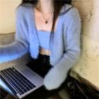 Set: Fluffy Cardigan + Spaghetti Strap Top Set Of 2 - Coat - Gray & Vest - Blue - One Size