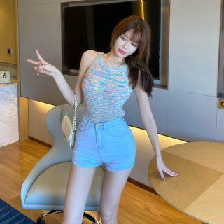 Sleeveless Multicolored Knit Top Blue & Pink & Yellow - One Size